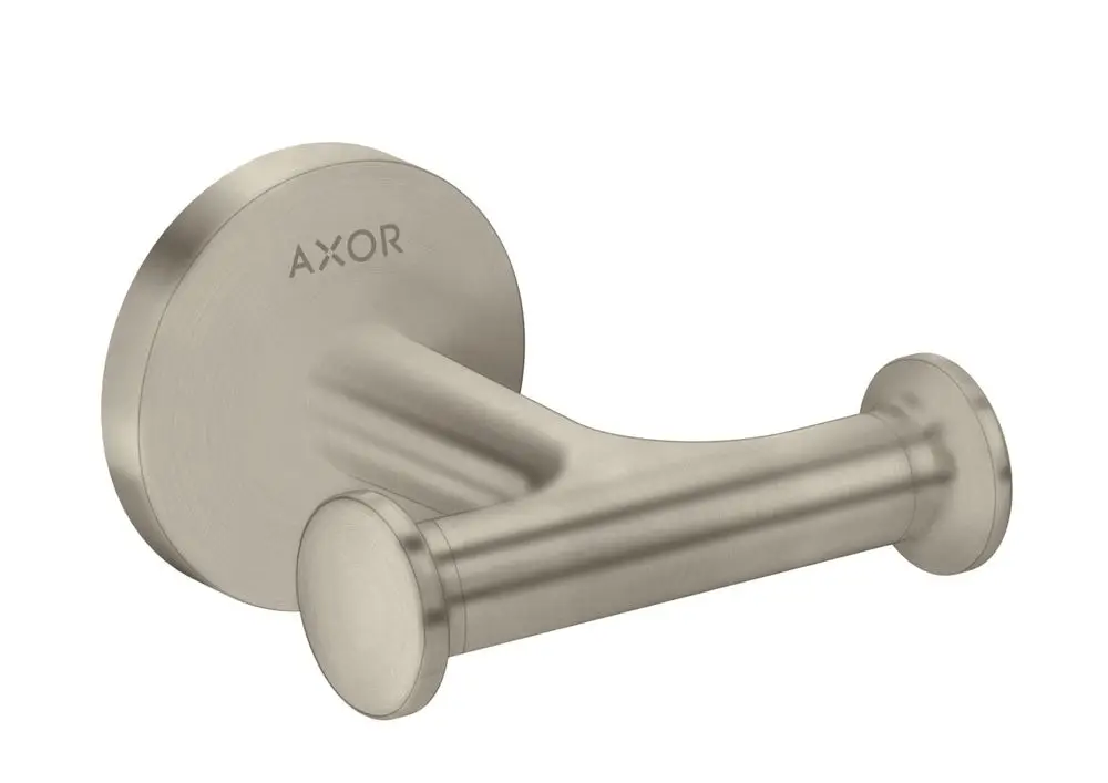 Doppelter Handtuchhaken in gebürstetem Nickel, montiert an einer Wand, mit dem Markennamen AXOR gut sichtbar auf der Oberfläche.